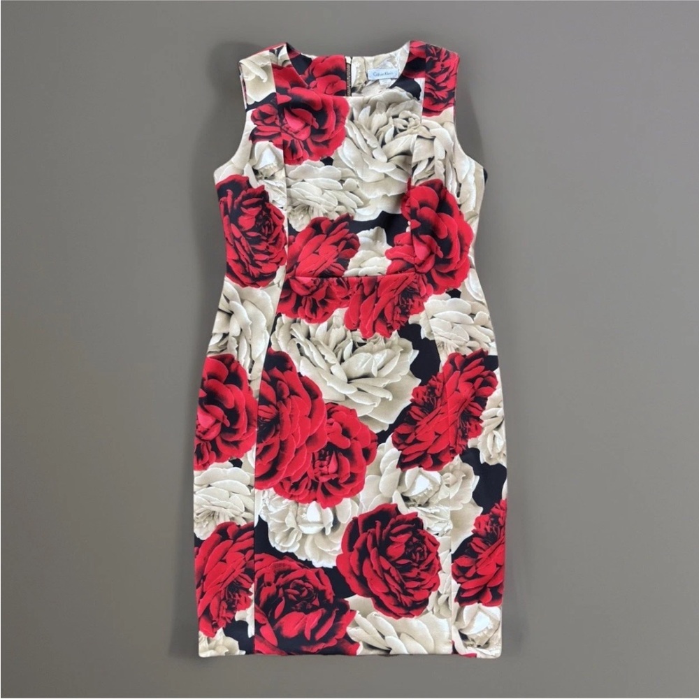 Calvin Klein Red, Cream & Black Floral Sheath Mini Dress